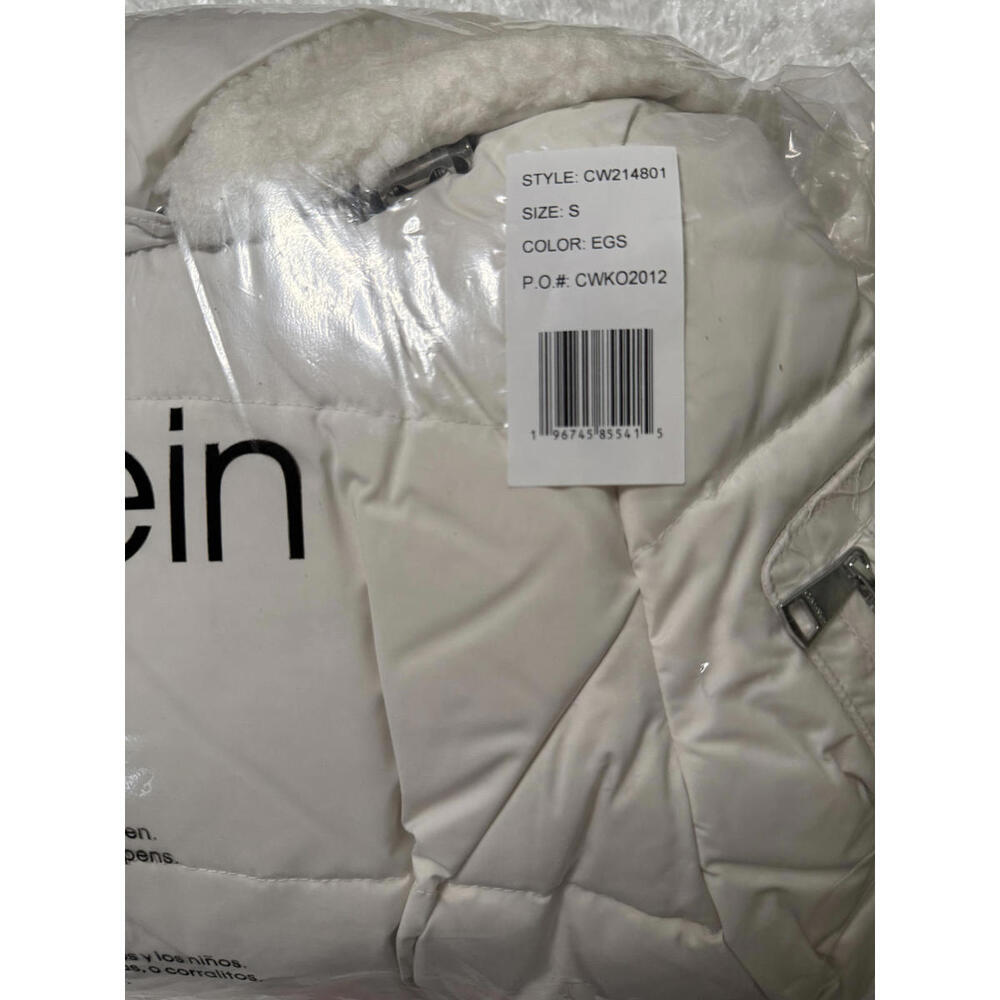 NWT! Calvin Klein Faux Shearling Lined Down Puffer Jacket in Eggshell Size Small - Picture 3 of 6